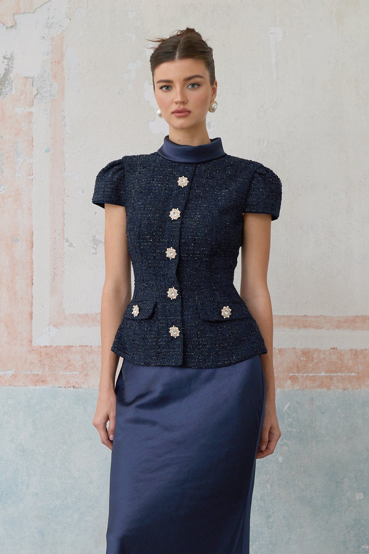 Josette blue peplum-waist panelled maxi dress