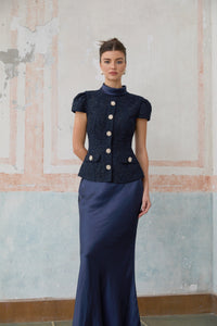 Josette blue peplum-waist panelled maxi dress