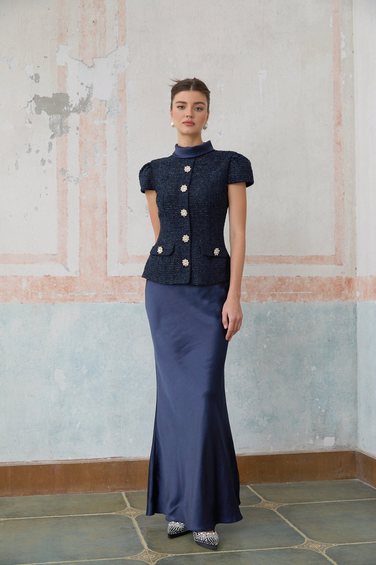 Josette blue peplum-waist panelled maxi dress