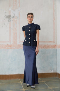 Josette blue peplum-waist panelled maxi dress