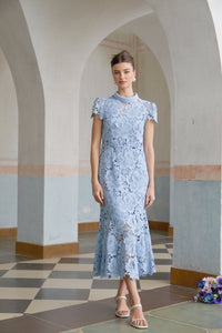 Aurore Blue Floral Appliqué Lace Midi Dress