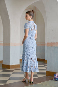 Aurore Blue Floral Appliqué Lace Midi Dress