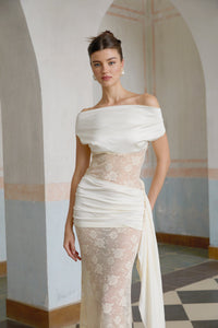 Lilou neutrals ribbon panelled floral-lace maxi dress