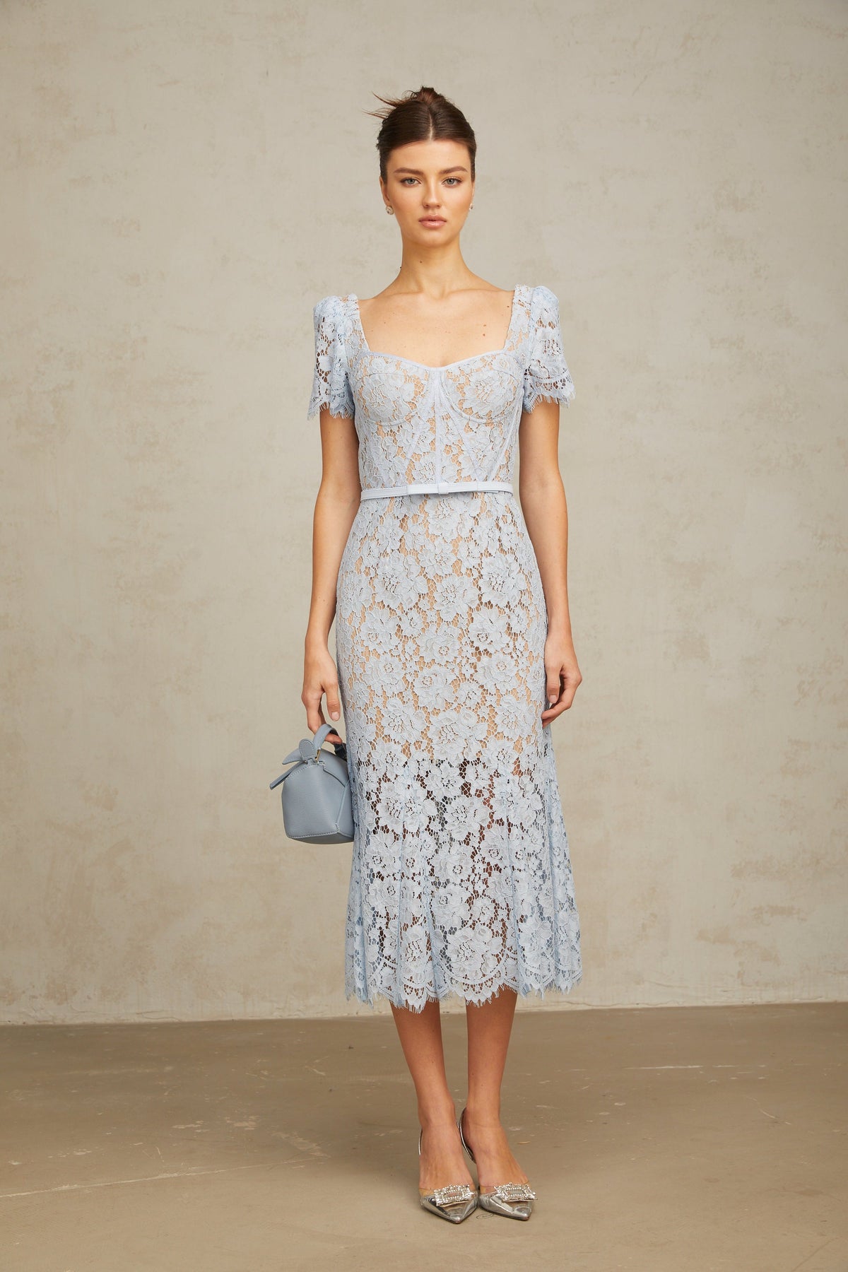 Audrey blue floral-lace boned midi dress