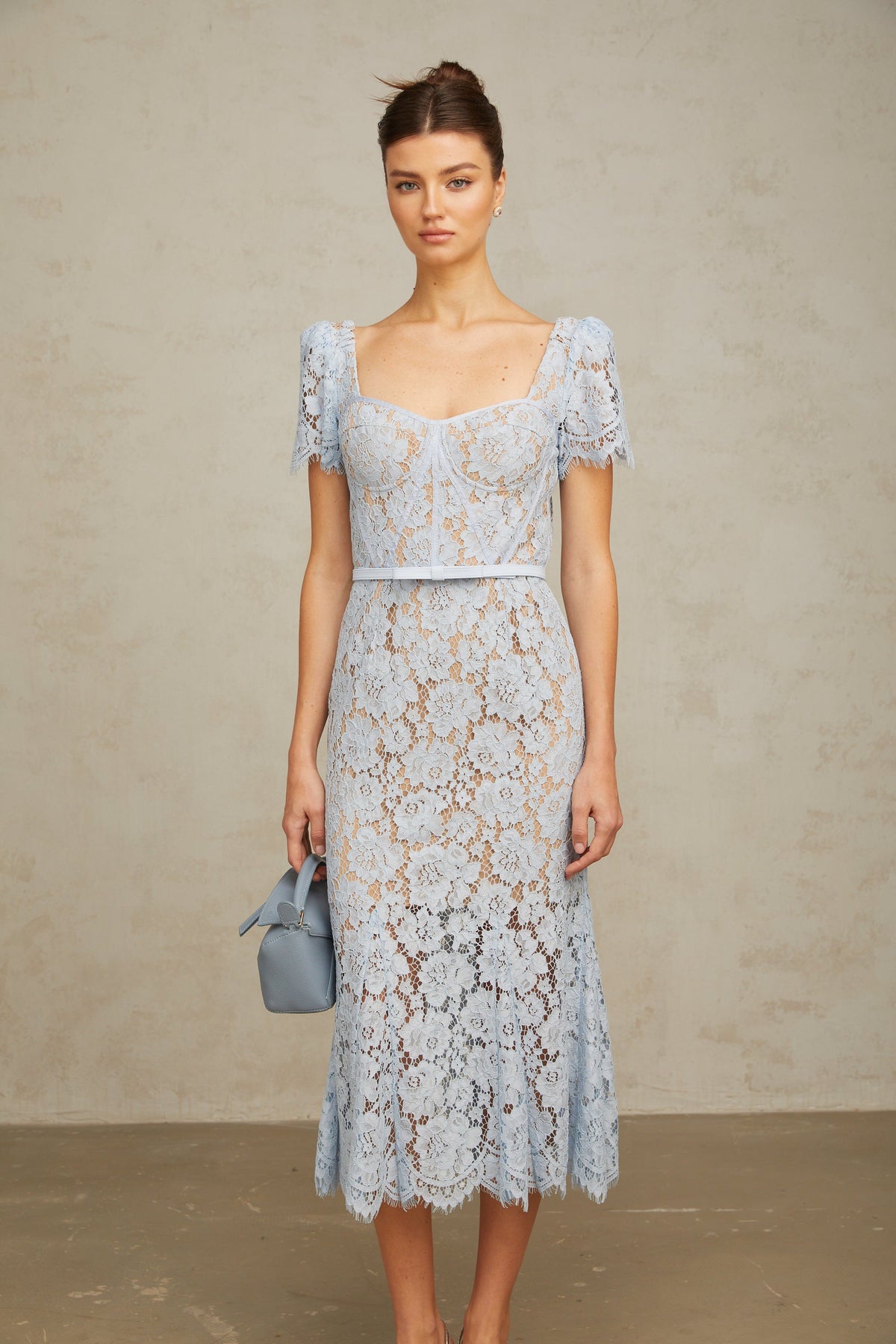 Audrey blue floral-lace boned midi dress
