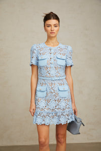 Ariane blue floral-appliqué ruffled lace mini dress