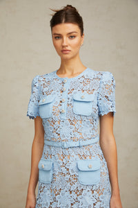 Ariane blue floral-appliqué ruffled lace mini dress