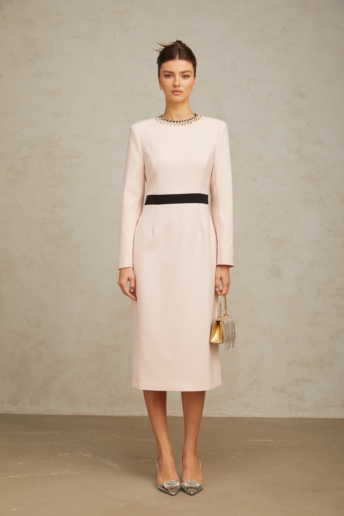 Anaïs pink crystal color-blocked midi dress