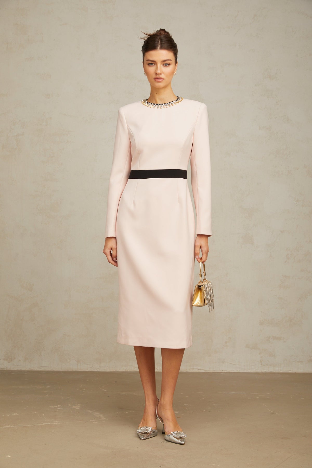 Anaïs pink crystal color-blocked midi dress