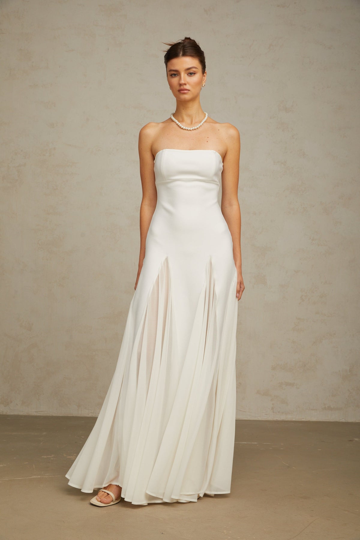 Nathalie white tulle-panelling maxi dress