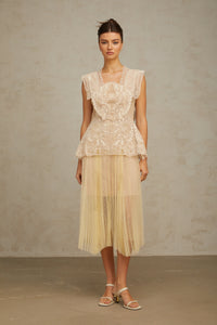 Céleste floral-lace-panelling tulle midi dress in Neutrals