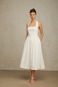 Alizée halterneck pleated midi dress in White