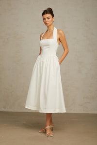 Alizée halterneck pleated midi dress in White