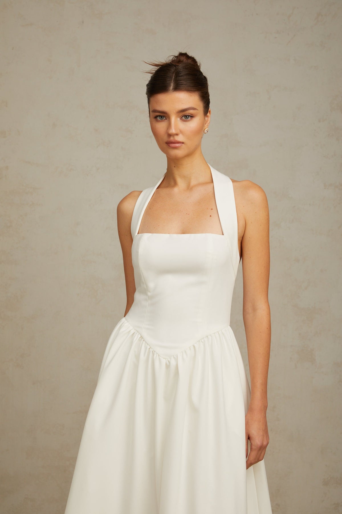 Alizée halterneck pleated midi dress in White