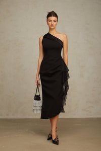 Bernadette black lace-panell asymmetrical midi dress