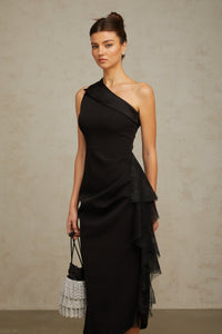 Bernadette black lace-panell asymmetrical midi dress