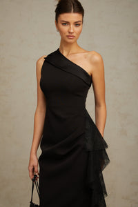 Bernadette black lace-panell asymmetrical midi dress
