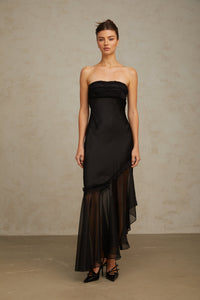 Bernadette black tulle-panelling satin maxi dress