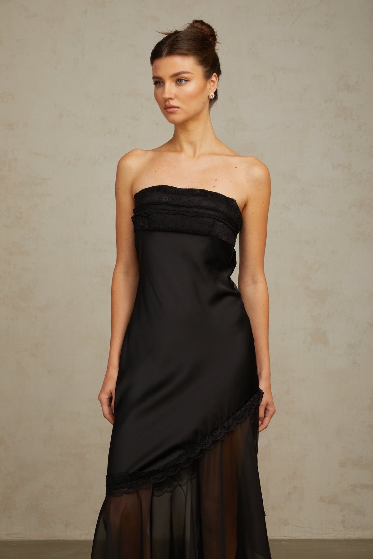 Bernadette black tulle-panelling satin maxi dress