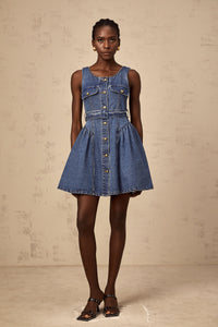 Vérane blue belted denim mini dress