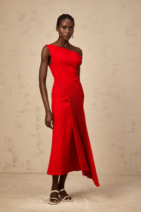 Laurine asymmetrical draped midi dress in Red