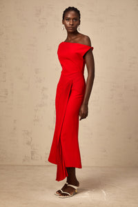 Laurine asymmetrical draped midi dress in Red
