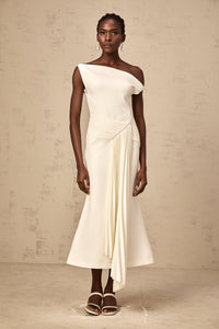 Laurine asymmetrical draped midi dress in White