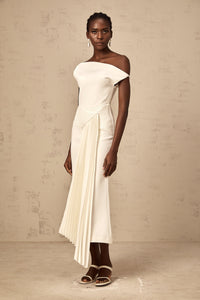 Laurine asymmetrical draped midi dress in White