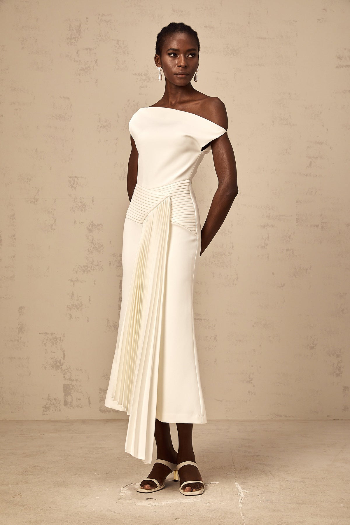 Laurine asymmetrical draped midi dress in White