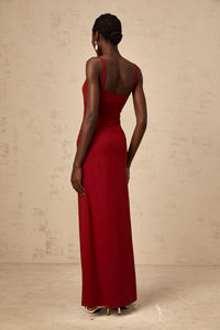Céline red semi-sheer tulle-panel maxi dress