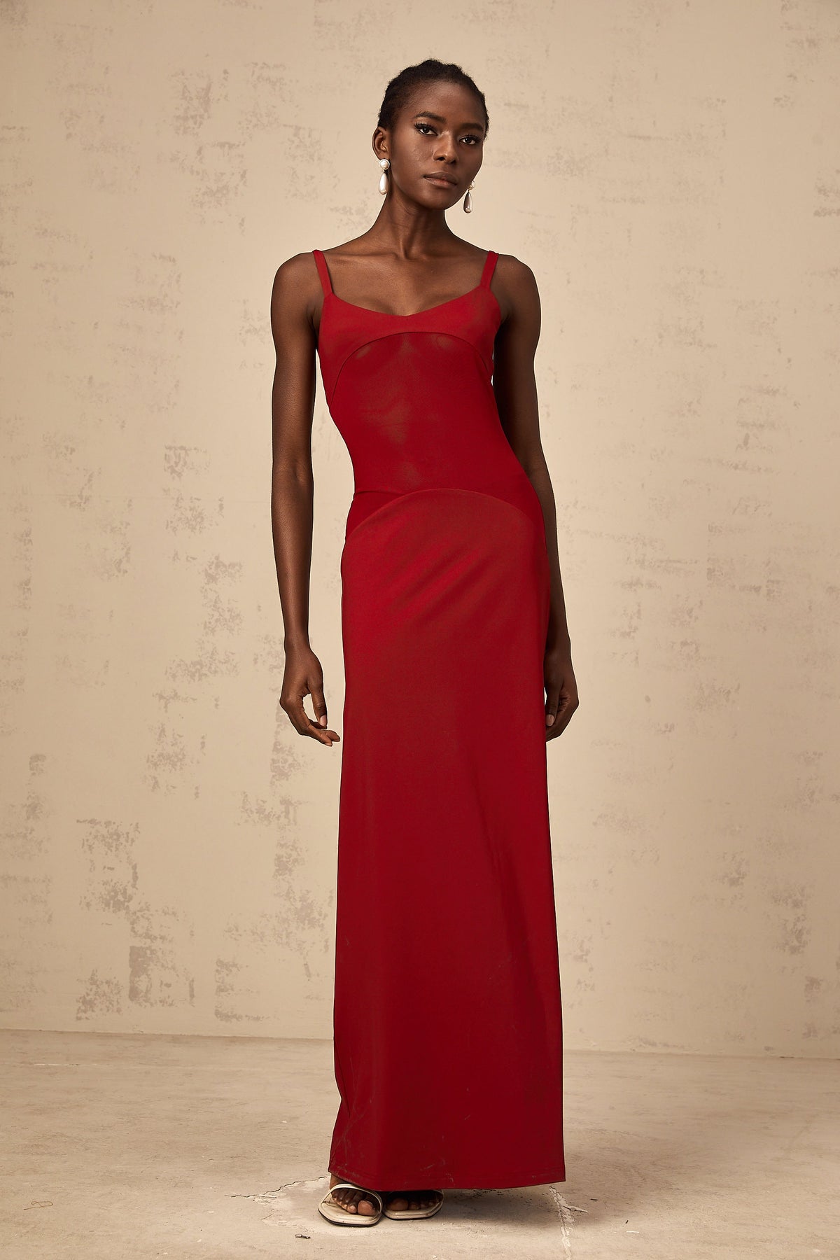 Céline red semi-sheer tulle-panel maxi dress