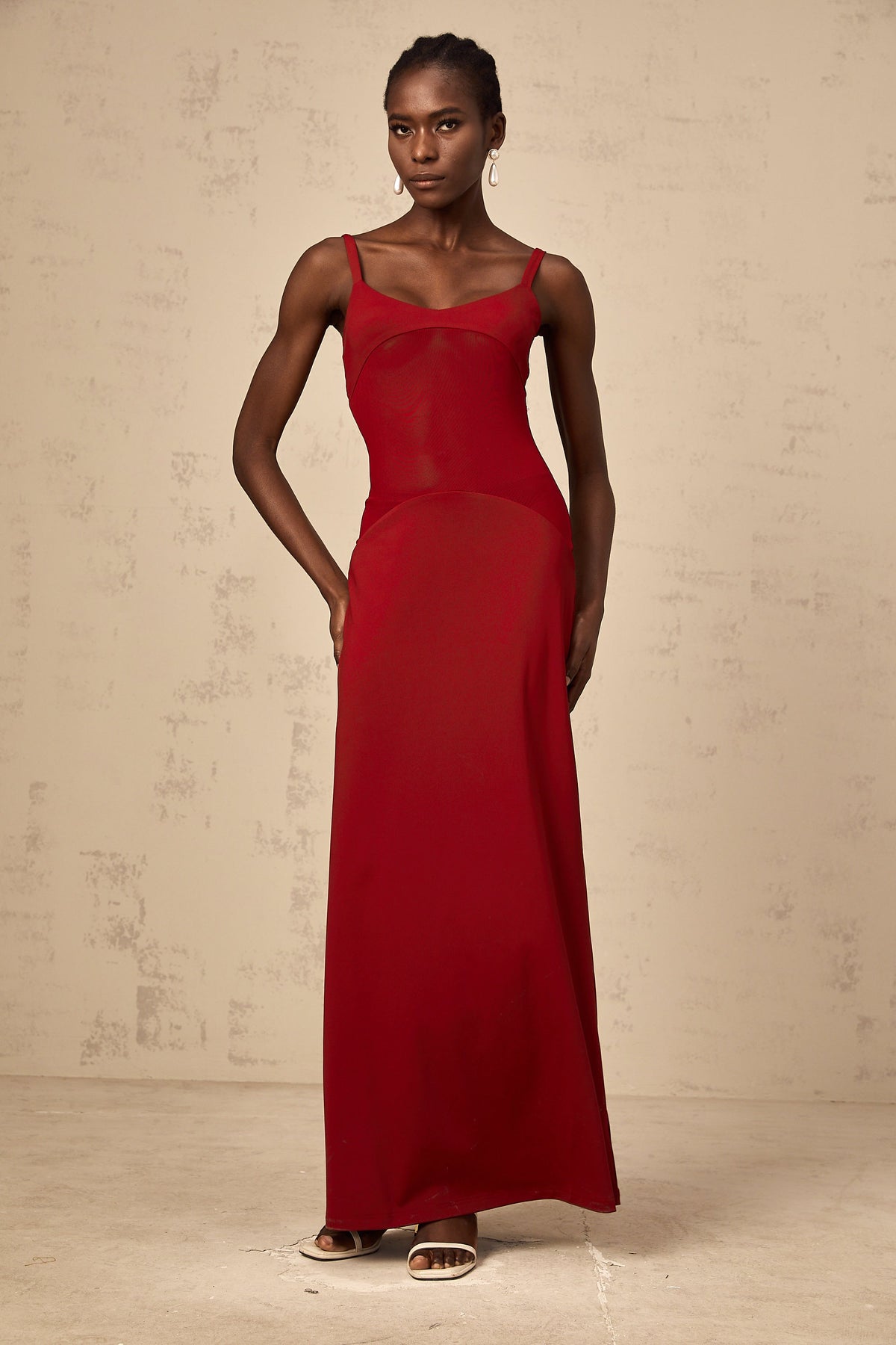Céline red semi-sheer tulle-panel maxi dress