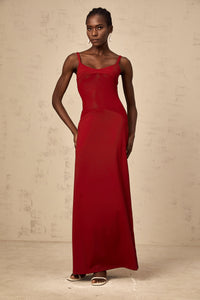 Céline red semi-sheer tulle-panel maxi dress