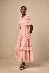 Aimée pink dot-detail ruffled tulle midi dress