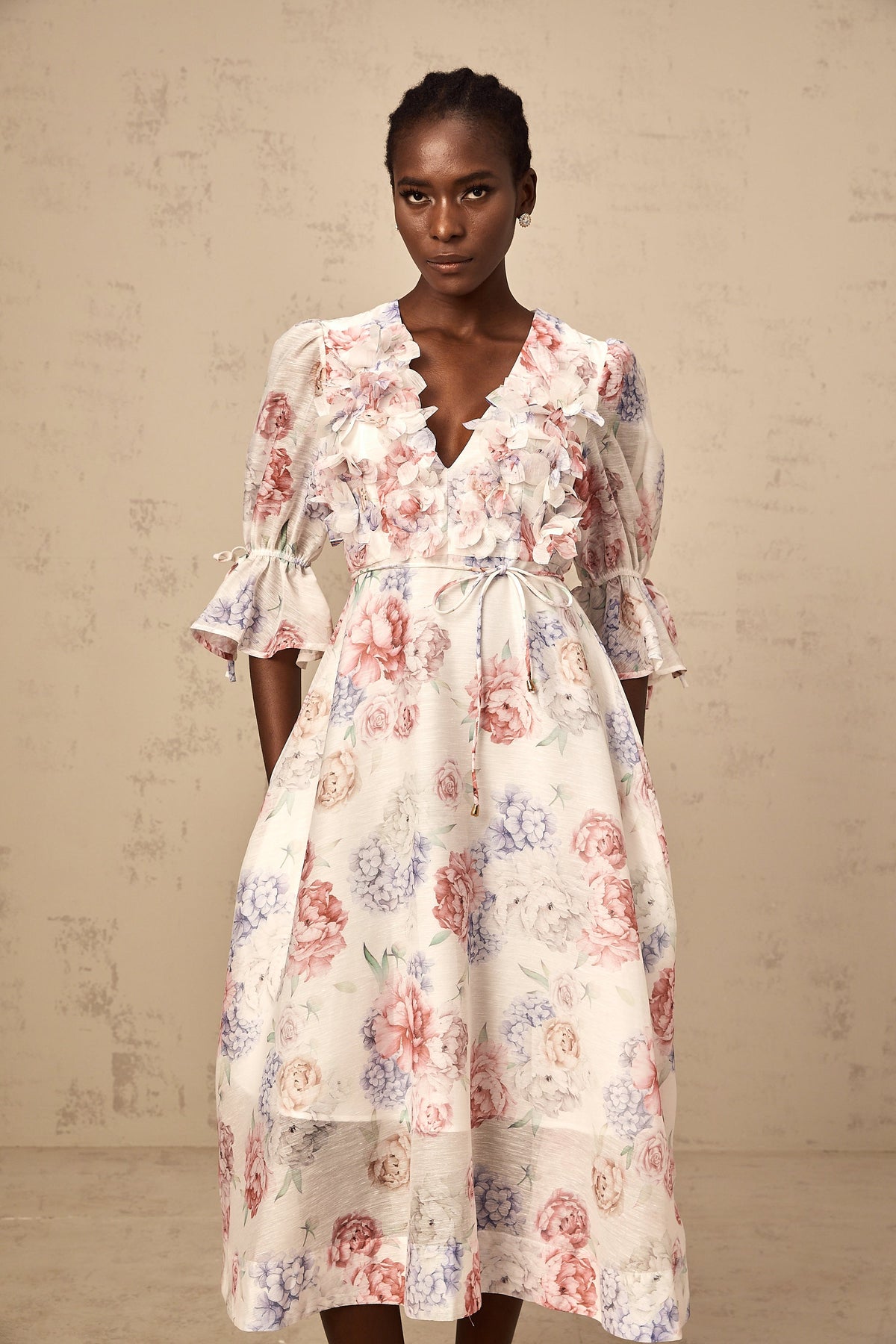 Téa 3d-petal floral-print midi dress