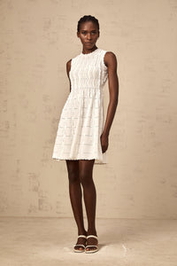 Esmée white ruffled sleeveless knit mini dress