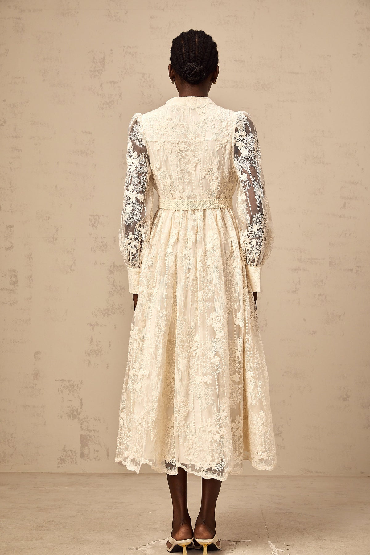 Roxane neutrals lace-embroidered midi dress