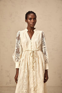 Roxane neutrals lace-embroidered midi dress