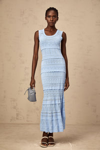 Mailys blue ruffled-trim crochet-knit midi dress