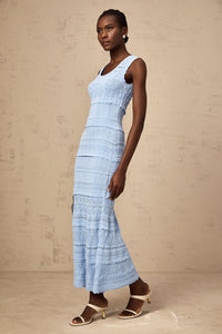 Mailys blue ruffled-trim crochet-knit midi dress