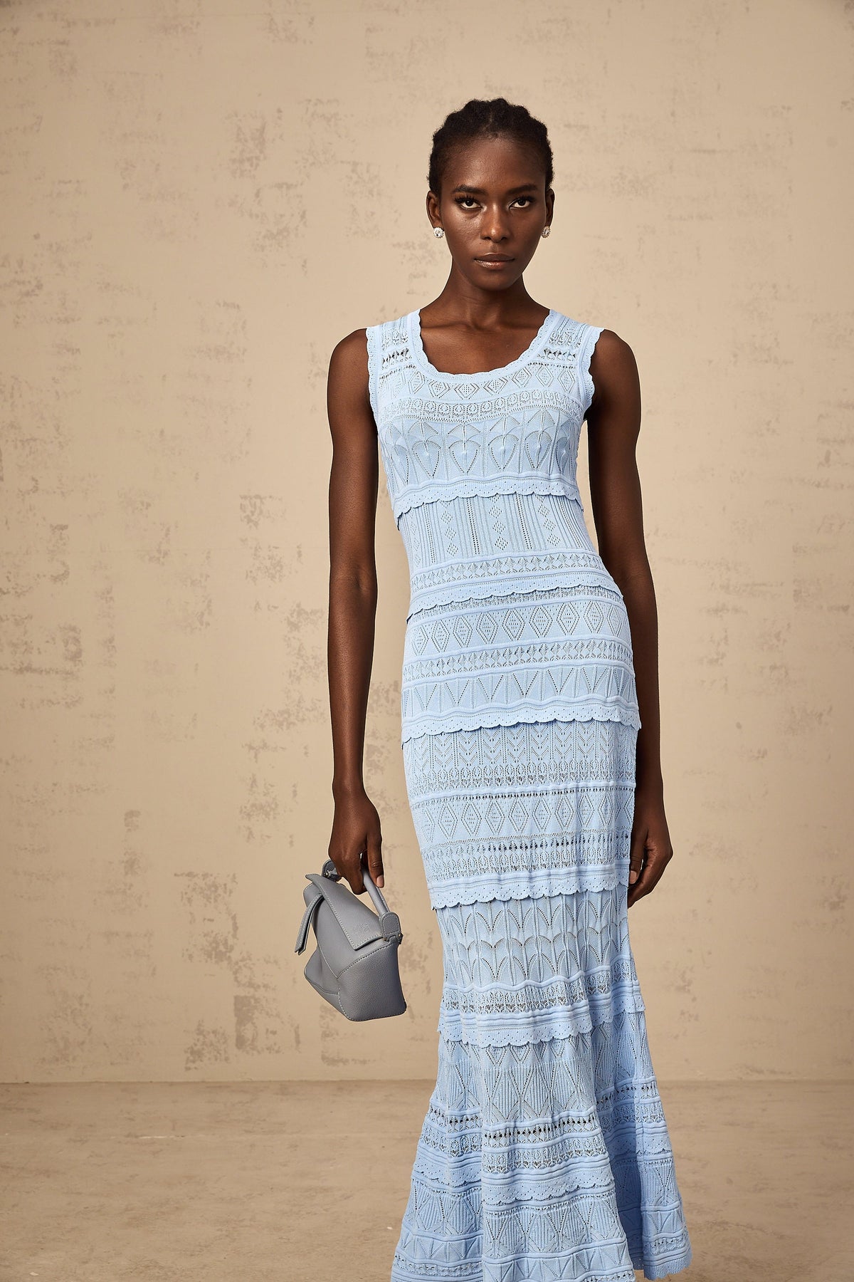 Mailys blue ruffled-trim crochet-knit midi dress
