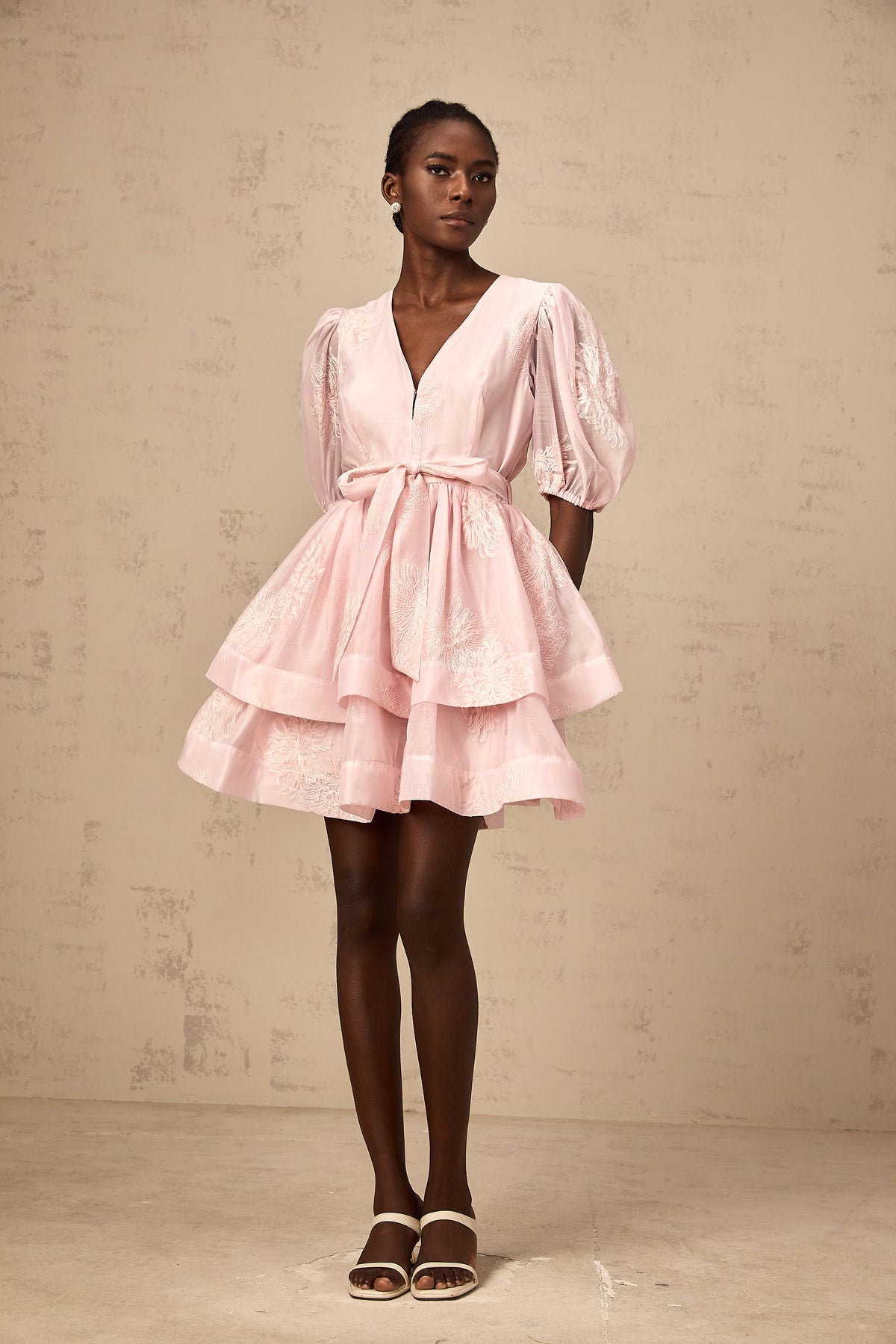 Florence pink floral-embroidered layered mini dress