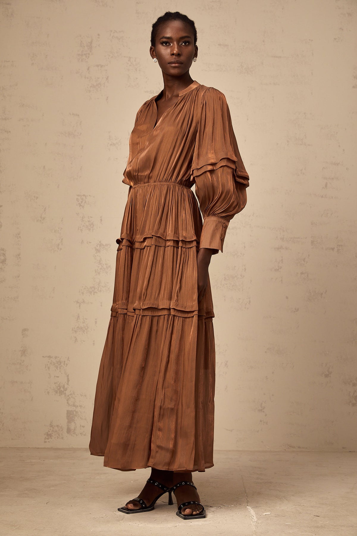 Emma brown ruffled-trim tiered maxi dress