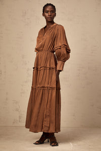 Emma brown ruffled-trim tiered maxi dress