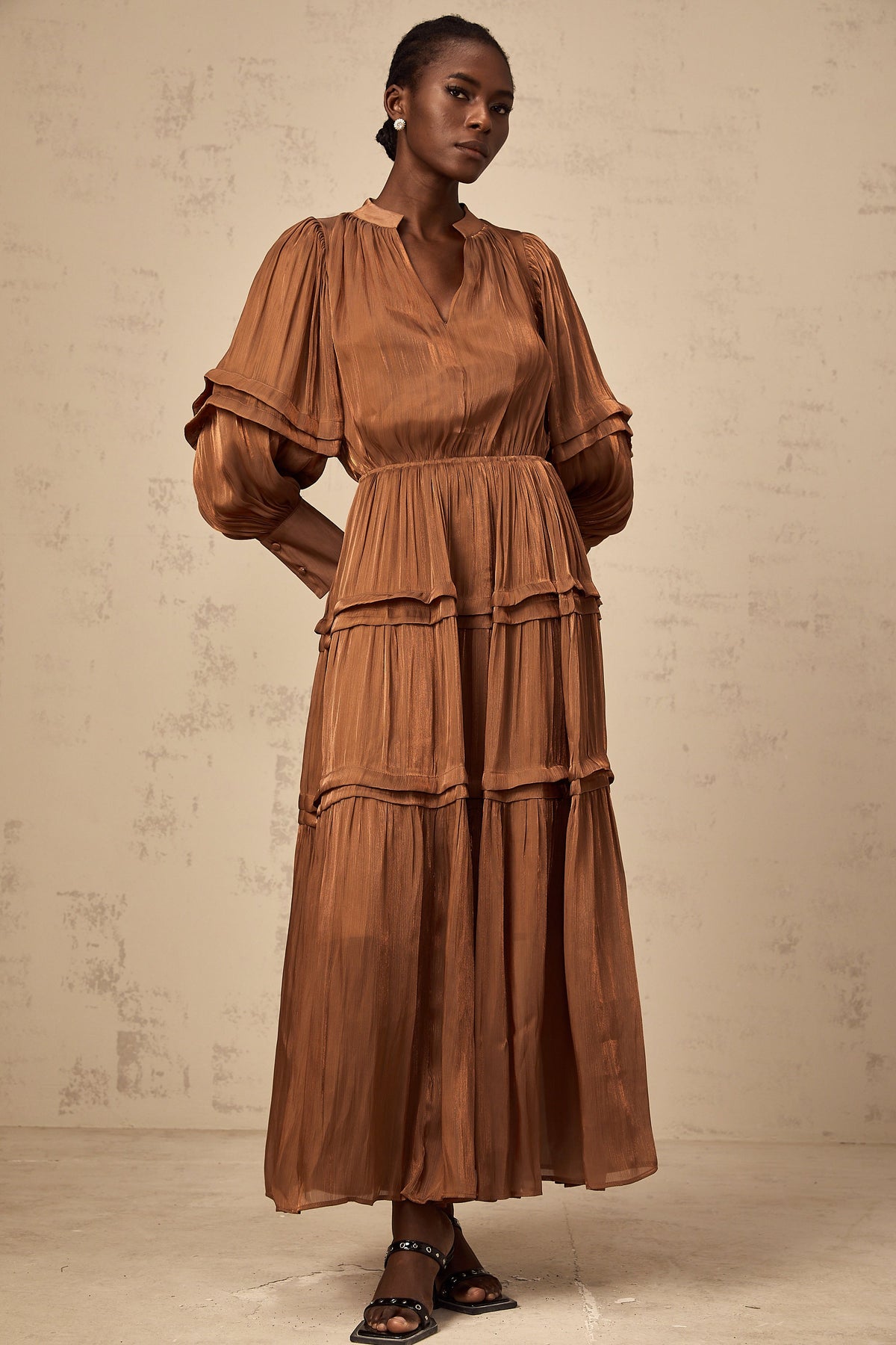 Emma brown ruffled-trim tiered maxi dress