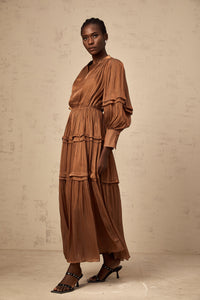 Emma brown ruffled-trim tiered maxi dress