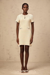 Victoire neutrals ruffled pointelle-knit mini dress