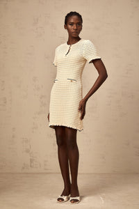 Victoire neutrals ruffled pointelle-knit mini dress