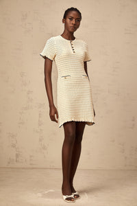 Victoire neutrals ruffled pointelle-knit mini dress