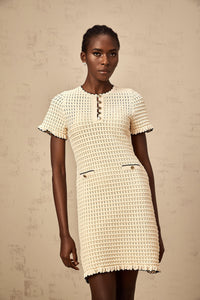 Victoire neutrals ruffled pointelle-knit mini dress